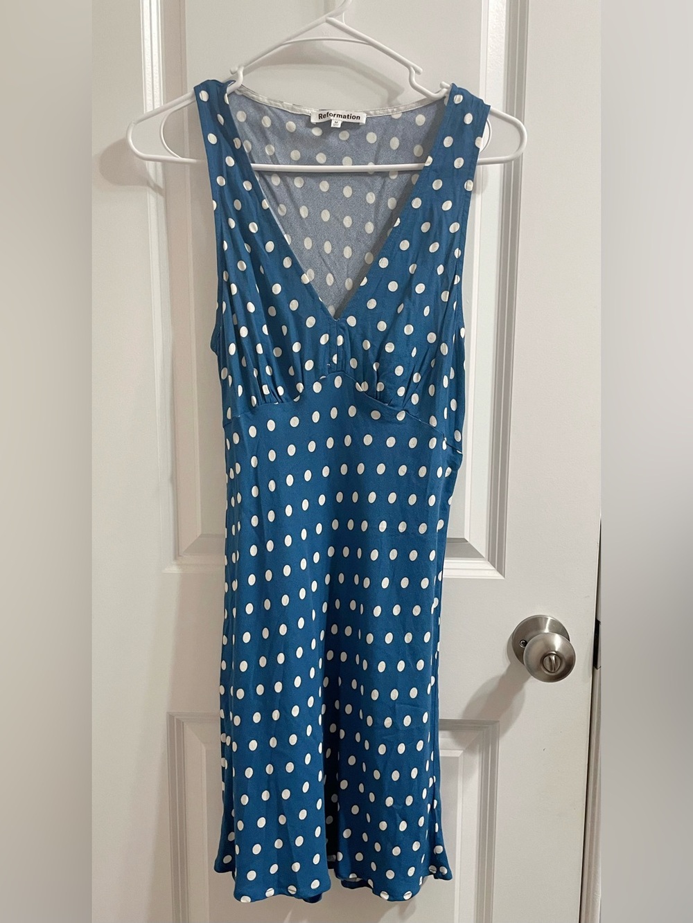 Reformation Blue and White Polka Dot V-Neck Sleeveless Dress